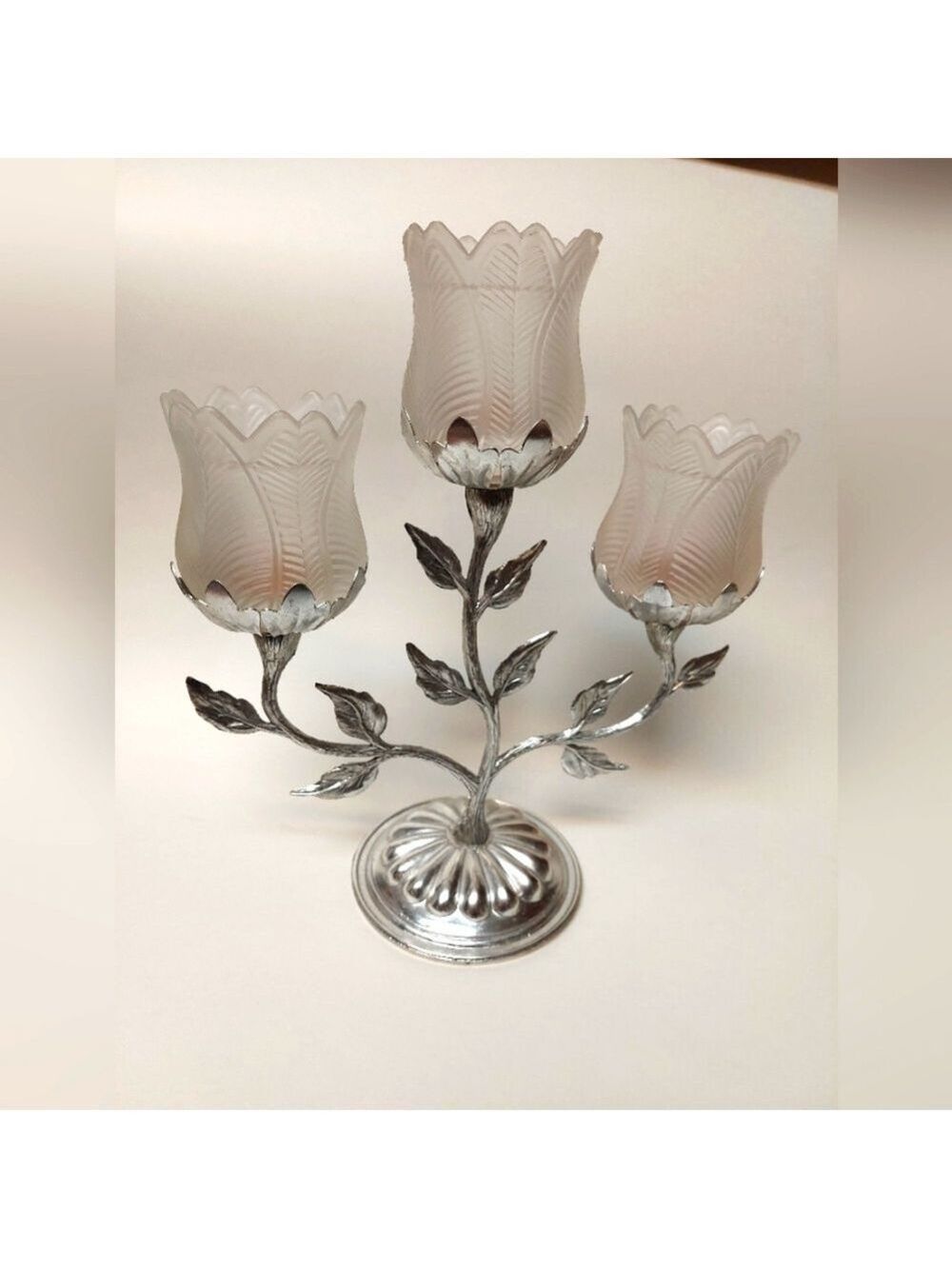 Vintage Faroy 3 Stem Silver Alloy with White Frosted Tulip Votive Glass Holders